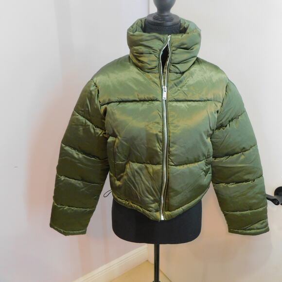 7 For All Mankind Women's Lined Puffer Coat Olive Green Full Zip Jacket Large - Picture 1 of 11